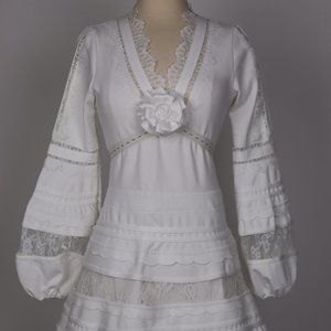 Vtg 80's White Lace Flower Dress Boho Prairie Mod Mini Hippie Garden Party XS